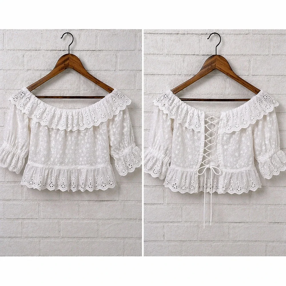 Zara White Eyelet Milkmaid Peplum Crop Top XS Coquette Festival Coastal Cottage